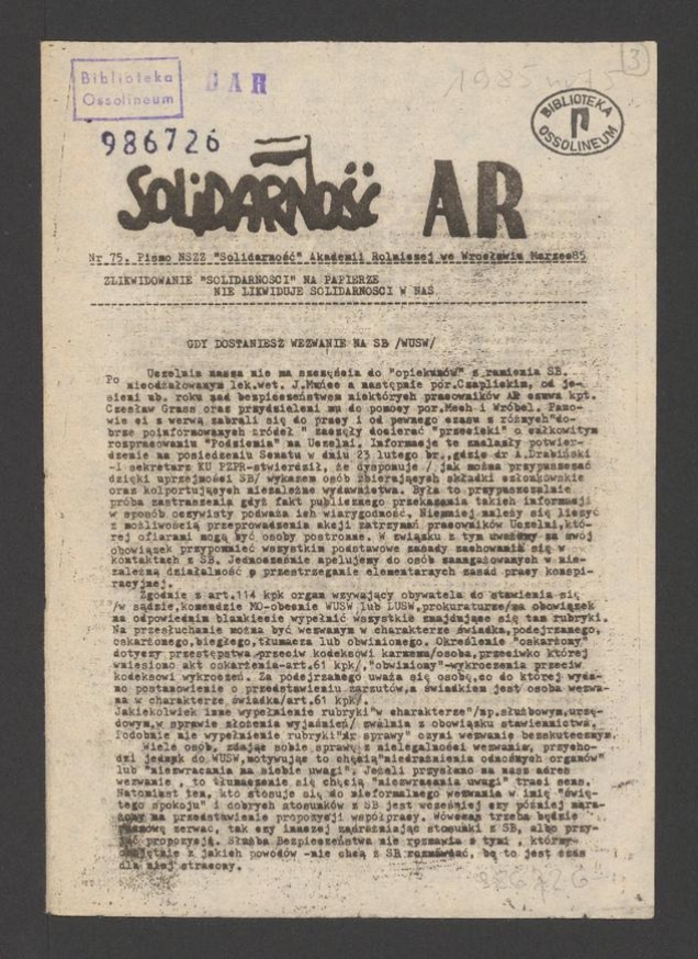 Solidarność AR&nbsp;: pismo NSZZ &bdquo;Solidarność&rdquo; Akademii Rolniczej we Wrocławiu. 1985, numer&nbsp;75