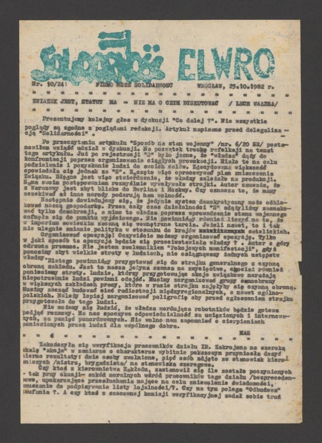 Solidarność Elwro : pismo NSZZ &bdquo;Solidarność&rdquo;. 1982, numer&nbsp;10&nbsp;(24)