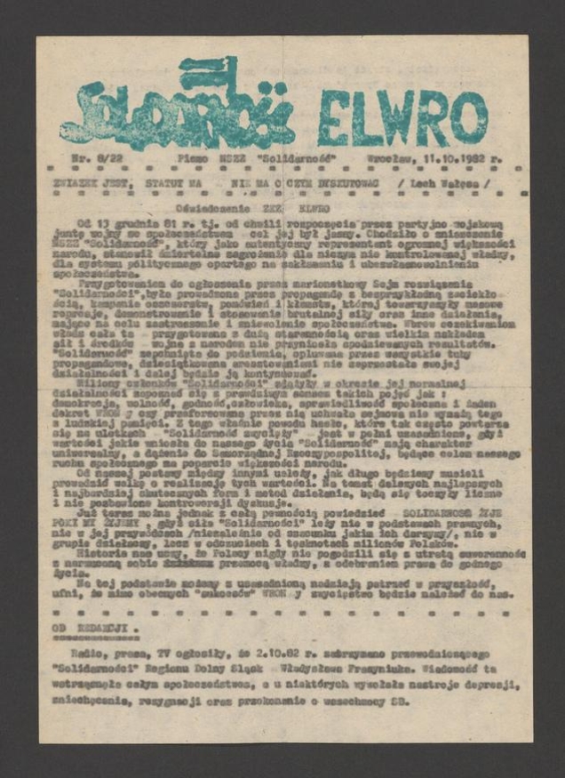 Solidarność Elwro : pismo NSZZ &bdquo;Solidarność&rdquo;. 1982, numer&nbsp;8&nbsp;(22)