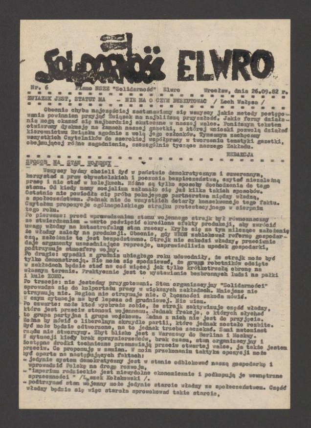Solidarność Elwro : pismo NSZZ &bdquo;Solidarność&rdquo; Elwro Wrocław. 1982, numer&nbsp;6