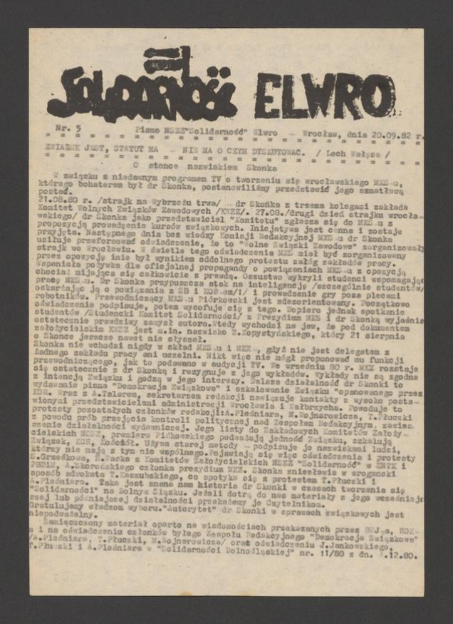 Solidarność Elwro : pismo NSZZ &bdquo;Solidarność&rdquo; Elwro Wrocław. 1982, numer&nbsp;5