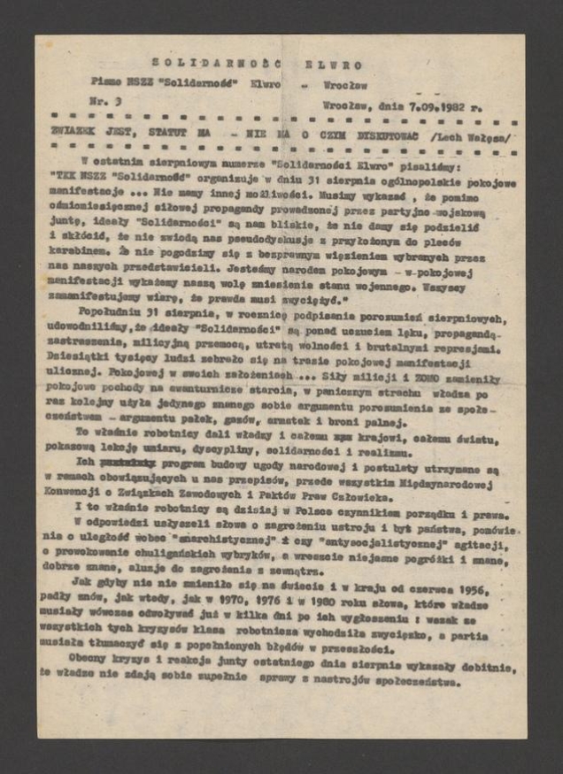 Solidarność Elwro : pismo NSZZ &bdquo;Solidarność&rdquo; Elwro Wrocław. 1982, numer&nbsp;3