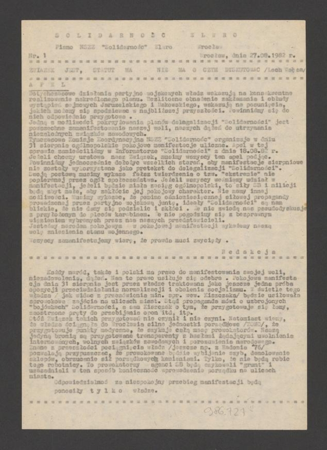 Solidarność Elwro : pismo NSZZ &bdquo;Solidarność&rdquo; Elwro Wrocław. 1982, numer&nbsp;1