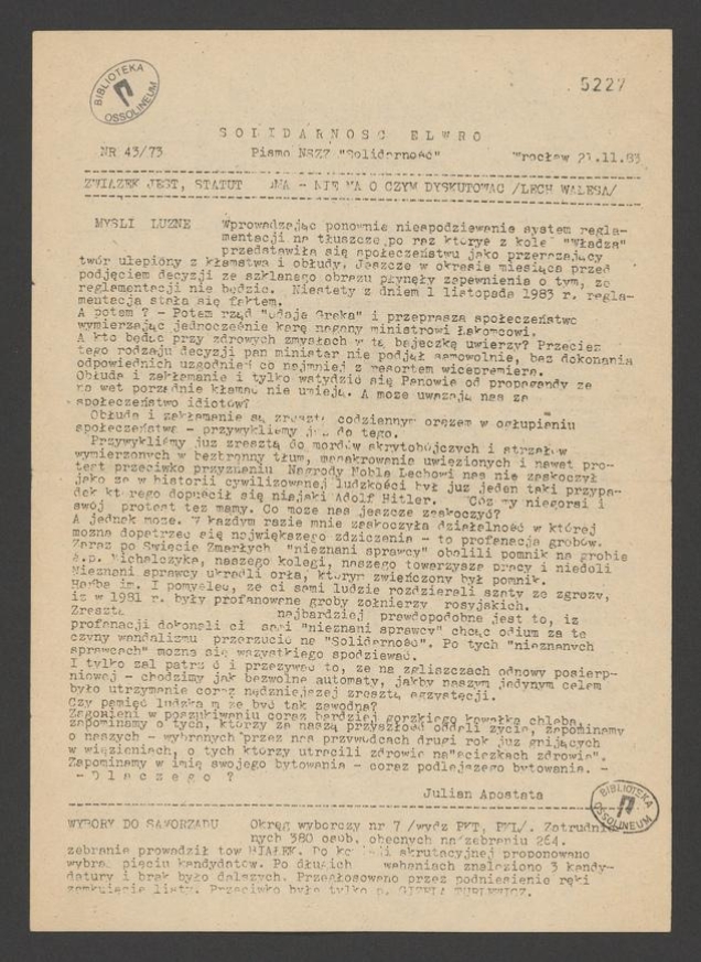 Solidarność Elwro : pismo NSZZ &bdquo;Solidarność&rdquo;. 1983, numer&nbsp;43&nbsp;(73)