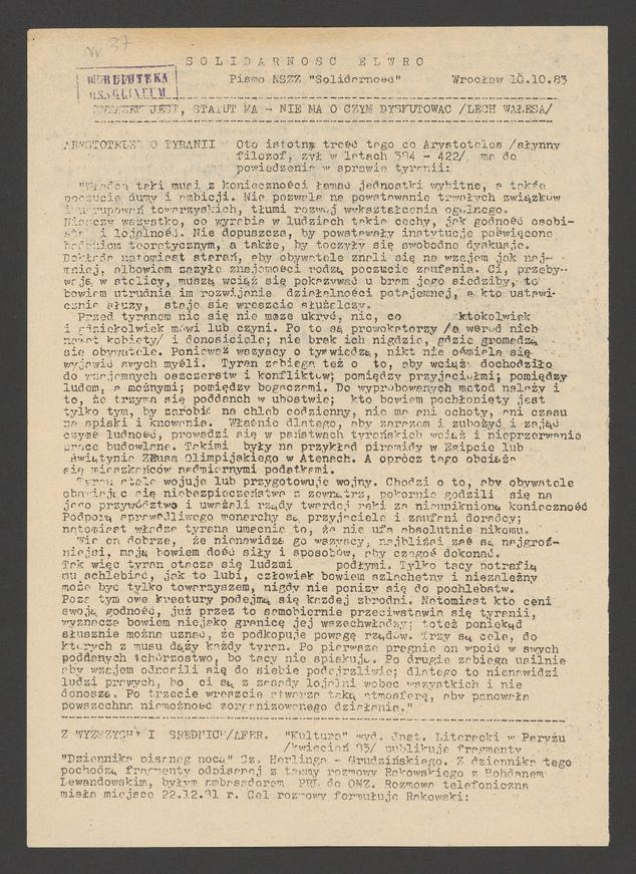 Solidarność Elwro : pismo NSZZ &bdquo;Solidarność&rdquo;. 1983, numer&nbsp;37&nbsp;(67)
