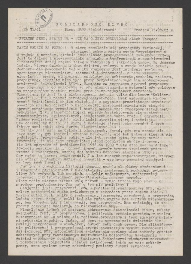 Solidarność Elwro : pismo NSZZ &bdquo;Solidarność&rdquo;. 1983, numer&nbsp;31&nbsp;(61)