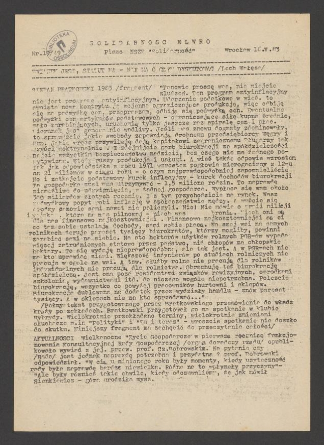 Solidarność Elwro : pismo NSZZ &bdquo;Solidarność&rdquo;. 1983, numer&nbsp;19&nbsp;(49)