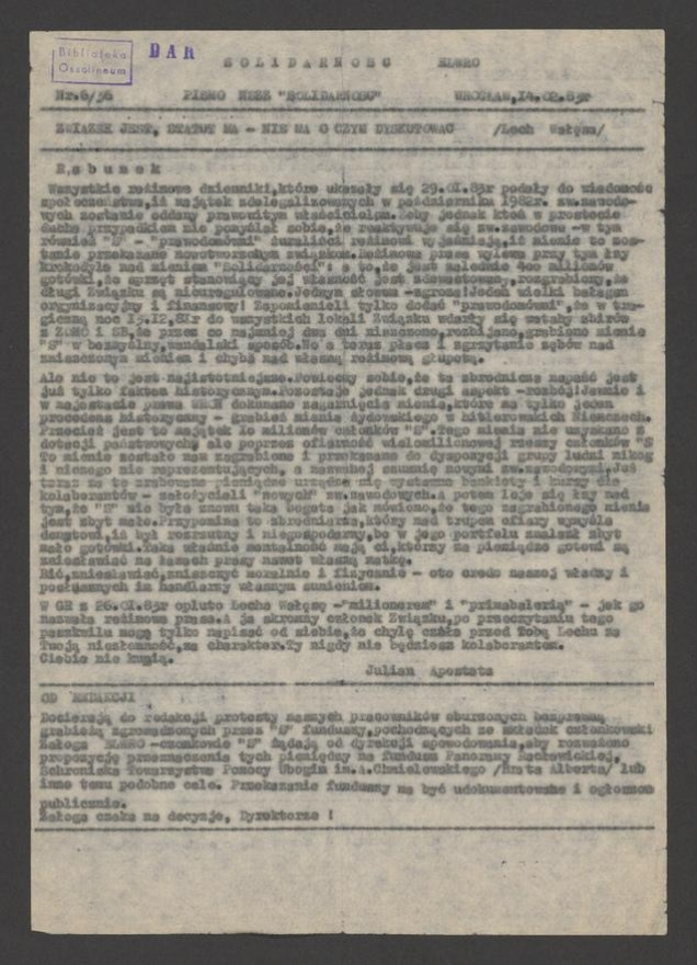 Solidarność Elwro : pismo NSZZ &bdquo;Solidarność&rdquo;. 1983, numer&nbsp;6&nbsp;(36)