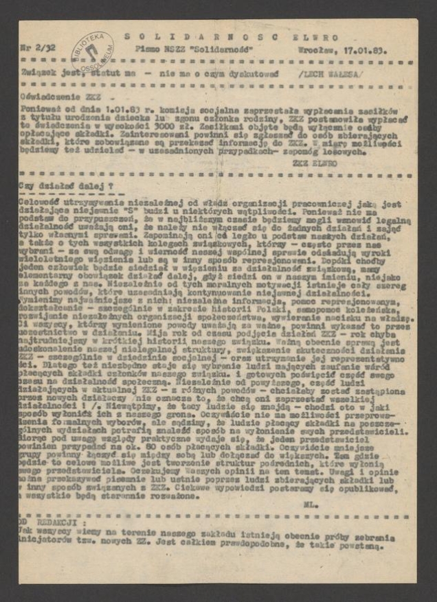 Solidarność Elwro : pismo NSZZ &bdquo;Solidarność&rdquo;. 1983, numer&nbsp;2&nbsp;(32)