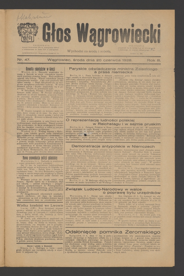 Głos Wągrowiecki. Rok&nbsp;3, 1928, numer&nbsp;47