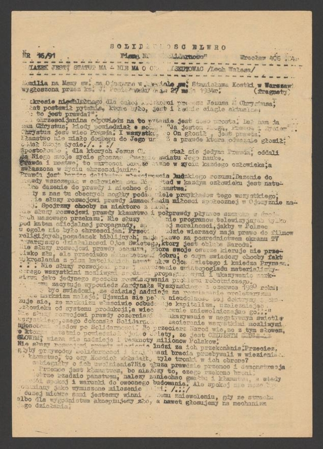 Solidarność Elwro : pismo NSZZ &bdquo;Solidarność&rdquo;. 1984, numer&nbsp;16&nbsp;(91)