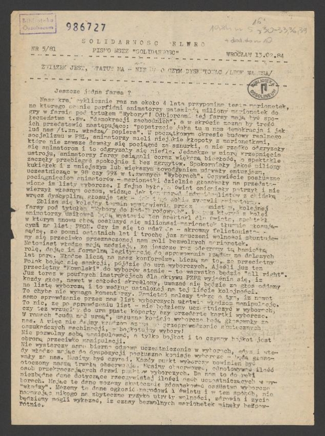 Solidarność Elwro : pismo NSZZ &bdquo;Solidarność&rdquo;. 1984, numer&nbsp;5&nbsp;(81)