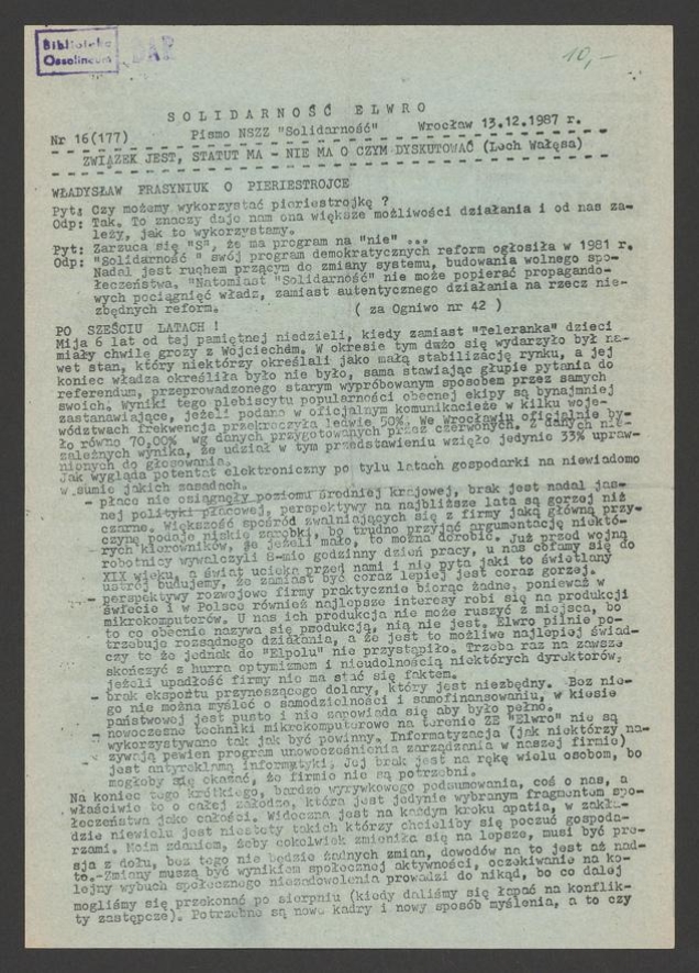 Solidarność Elwro : pismo NSZZ &bdquo;Solidarność&rdquo;. 1987, numer&nbsp;16&nbsp;(177)