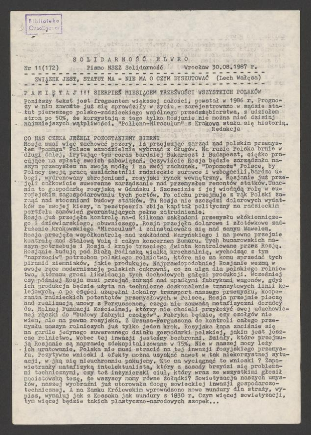 Solidarność Elwro : pismo NSZZ &bdquo;Solidarność&rdquo;. 1987, numer&nbsp;11&nbsp;(172)