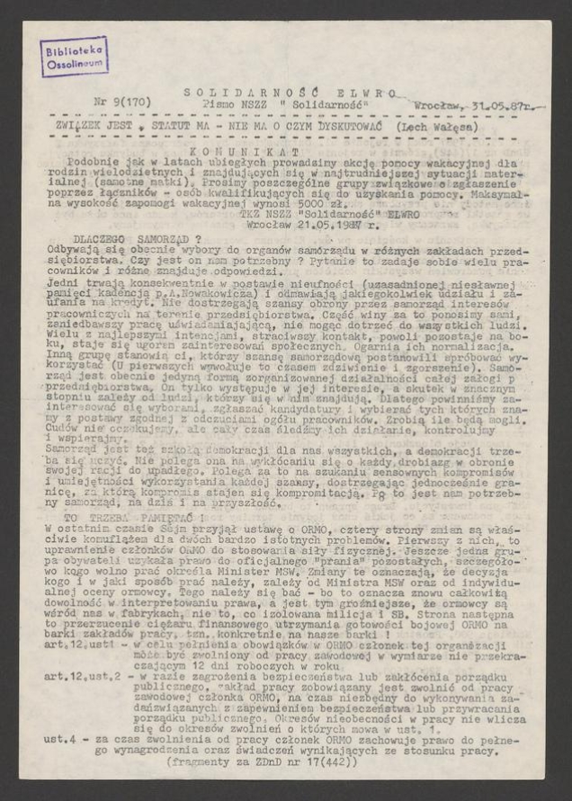 Solidarność Elwro : pismo NSZZ &bdquo;Solidarność&rdquo;. 1987, numer&nbsp;9&nbsp;(170)