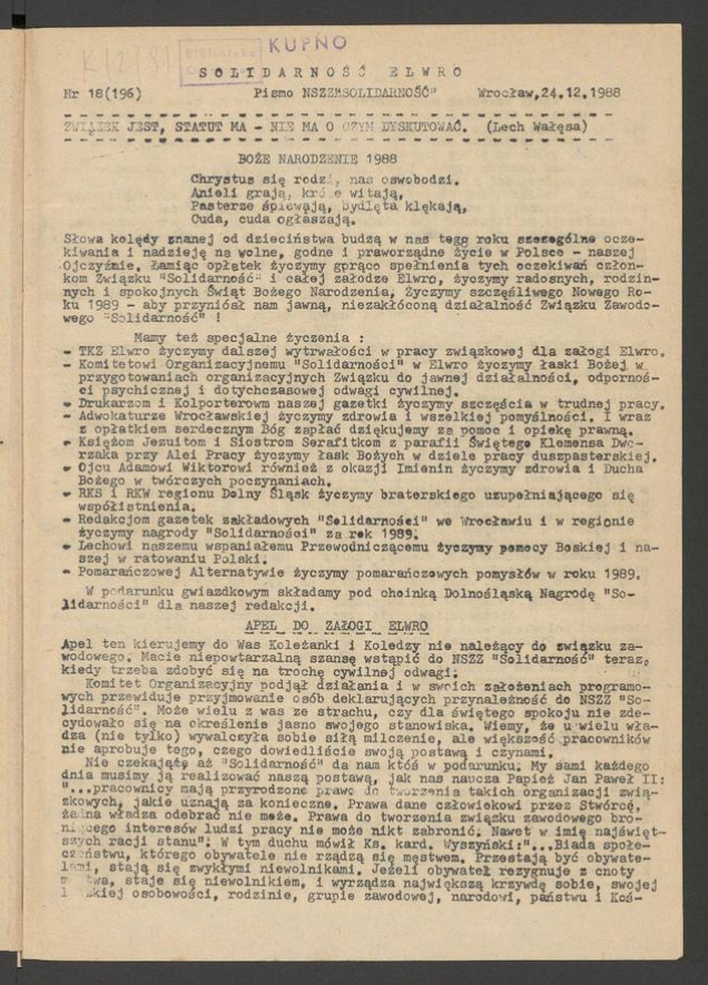 Solidarność Elwro : pismo NSZZ &bdquo;Solidarność&rdquo;. 1988, numer&nbsp;18&nbsp;(196)