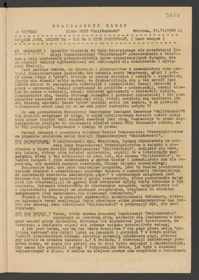 Solidarność Elwro : pismo NSZZ &bdquo;Solidarność&rdquo;. 1988, numer&nbsp;16&nbsp;(194)