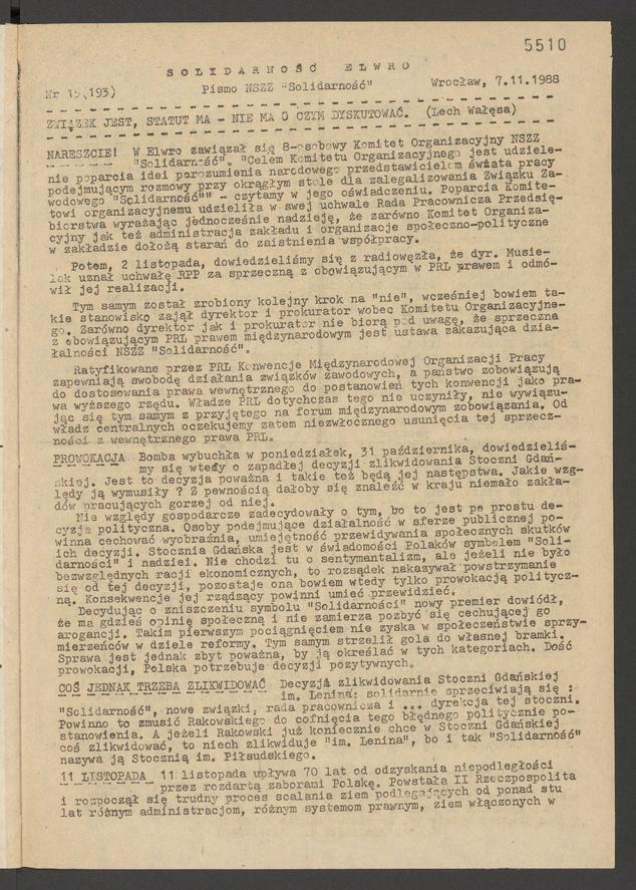 Solidarność Elwro : pismo NSZZ &bdquo;Solidarność&rdquo;. 1988, numer&nbsp;15&nbsp;(193)