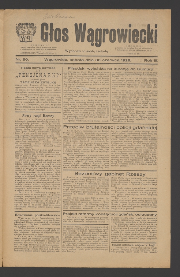 Głos Wągrowiecki. Rok&nbsp;3, 1928, numer&nbsp;50