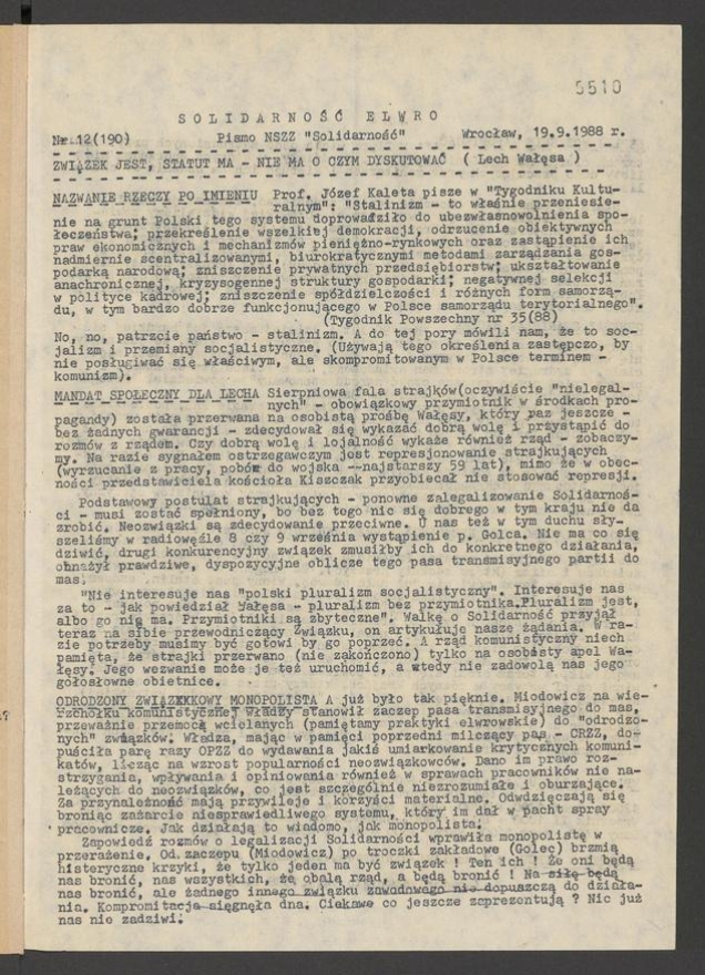 Solidarność Elwro : pismo NSZZ &bdquo;Solidarność&rdquo;. 1988, numer&nbsp;12&nbsp;(190)