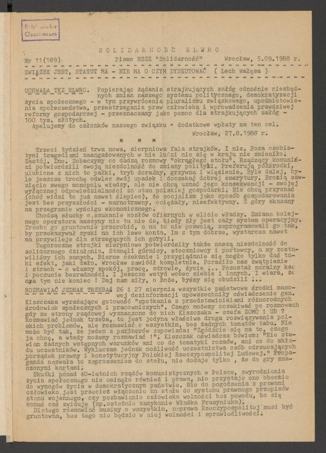 Solidarność Elwro : pismo NSZZ &bdquo;Solidarność&rdquo;. 1988, numer&nbsp;11&nbsp;(189)