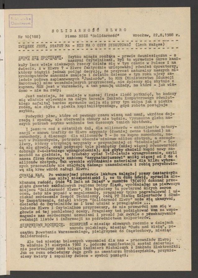 Solidarność Elwro : pismo NSZZ &bdquo;Solidarność&rdquo;. 1988, numer&nbsp;10&nbsp;(188)