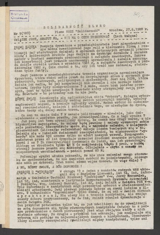 Solidarność Elwro : pismo NSZZ &bdquo;Solidarność&rdquo;. 1988, numer&nbsp;9&nbsp;(187)