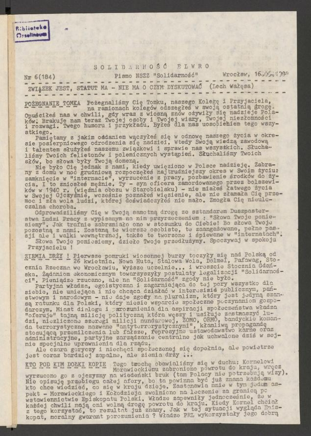 Solidarność Elwro : pismo NSZZ &bdquo;Solidarność&rdquo;. 1988, numer&nbsp;6&nbsp;(184)