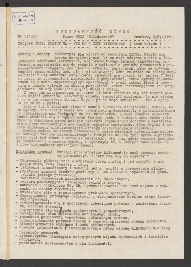 Solidarność Elwro : pismo NSZZ &bdquo;Solidarność&rdquo;. 1988, numer&nbsp;5&nbsp;(183)