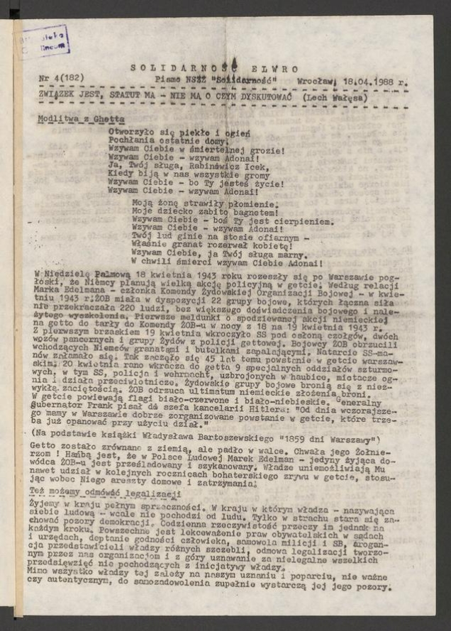 Solidarność Elwro : pismo NSZZ &bdquo;Solidarność&rdquo;. 1988, numer&nbsp;4&nbsp;(182)
