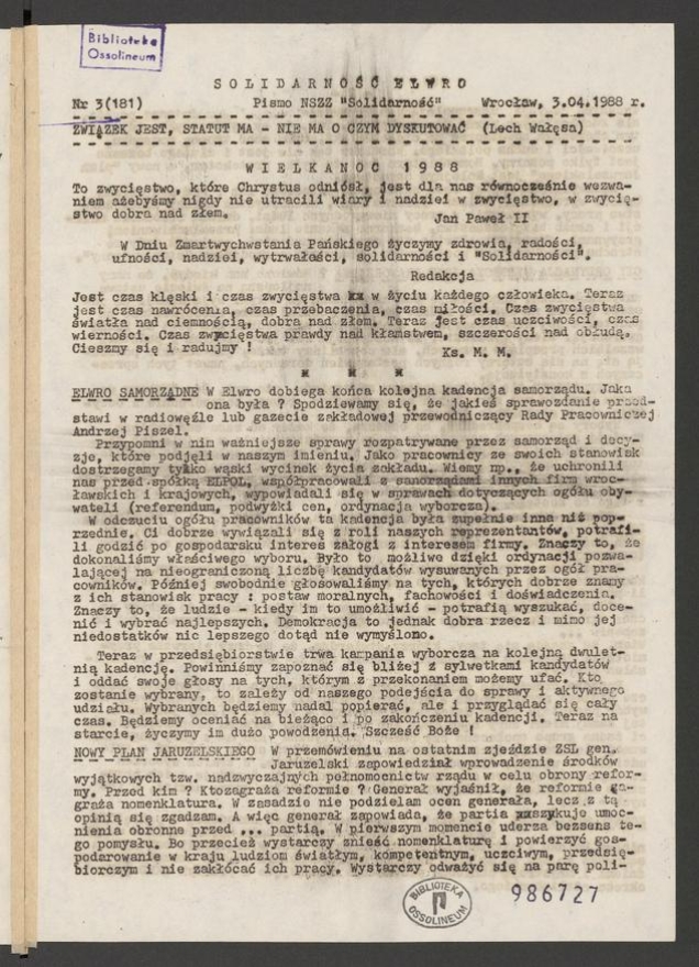 Solidarność Elwro : pismo NSZZ &bdquo;Solidarność&rdquo;. 1988, numer&nbsp;3&nbsp;(181)