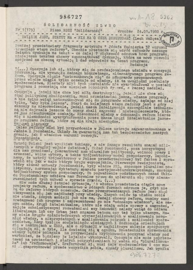 Solidarność Elwro : pismo NSZZ &bdquo;Solidarność&rdquo;. 1988, numer&nbsp;1&nbsp;(179)