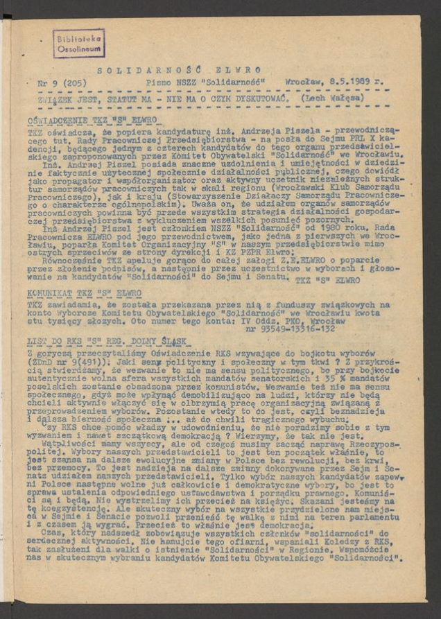 Solidarność Elwro : pismo NSZZ &bdquo;Solidarność&rdquo;. 1989, numer&nbsp;9&nbsp;(205)
