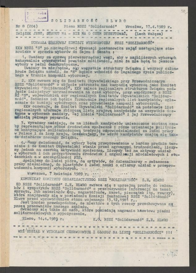 Solidarność Elwro : pismo NSZZ &bdquo;Solidarność&rdquo;. 1989, numer&nbsp;8&nbsp;(204)
