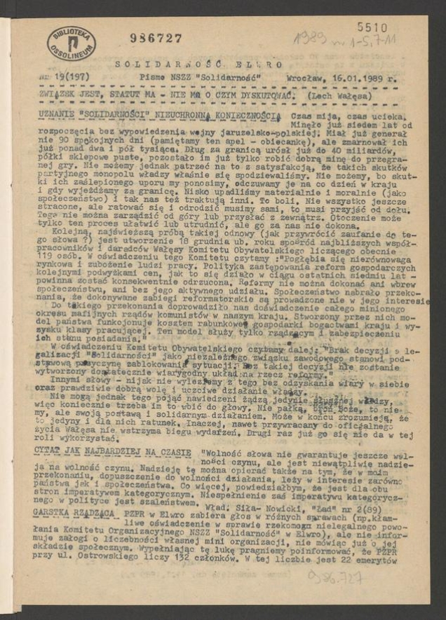 Solidarność Elwro : pismo NSZZ &bdquo;Solidarność&rdquo;. 1989, numer&nbsp;1&nbsp;(197)