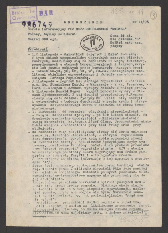 Odrodzenie&nbsp;: serwis informacyjny TKZ NSZZ Solidarność &bdquo;Dolmel&rdquo;. 1984, numer&nbsp;11&nbsp;(96)