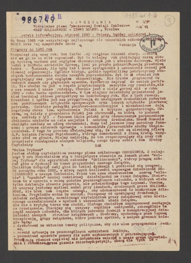 Odrodzenie&nbsp;: niezależne pismo Tajnej Komisji Zakładowej NSZZ SOLIDARNOŚĆ w DZWME DOLMEL Wrocław. Rok&nbsp;4, 1985, numer&nbsp;1 (99)