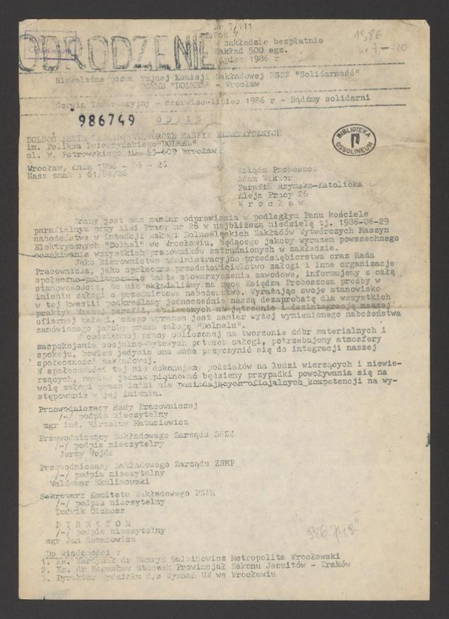 Odrodzenie&nbsp;: niezależne pismo Tajnej Komisji Zakładowej NSZZ Solidarność w DZWME DOLMEL Wrocław. Rok&nbsp;5, 1986, numer&nbsp;7&nbsp;(111)