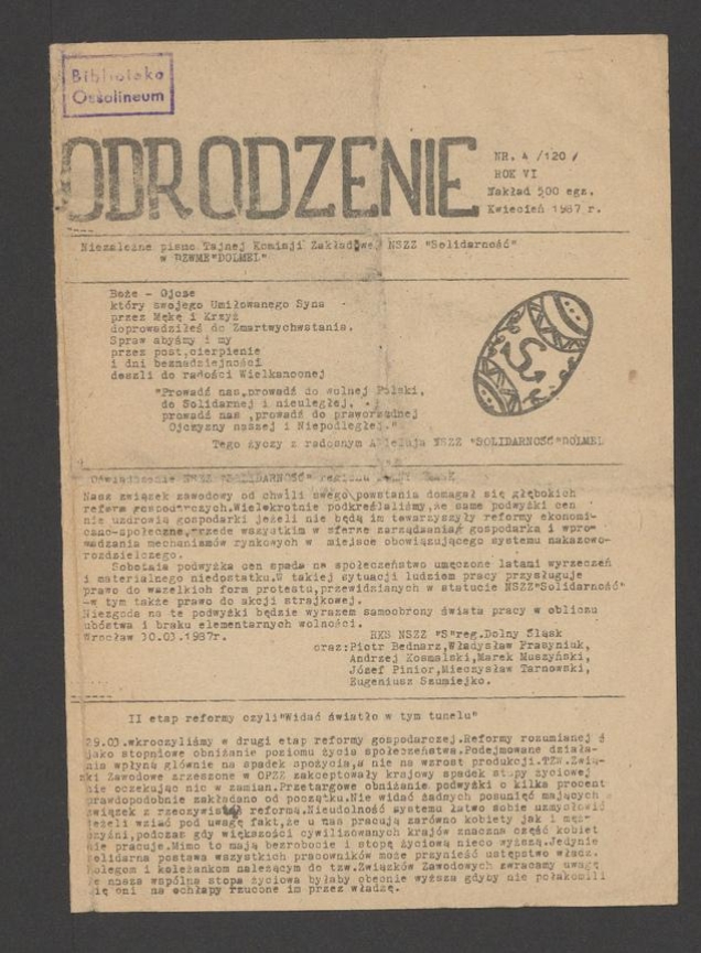 Odrodzenie&nbsp;: niezależne pismo Tajnej Komisji Zakładowej NSZZ Solidarność w DZWME DOLMEL Wrocław. Rok&nbsp;6, 1987, numer&nbsp;4&nbsp;(120)