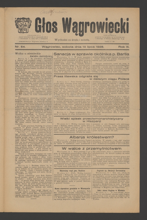 Głos Wągrowiecki. Rok&nbsp;3, 1928, numer&nbsp;54