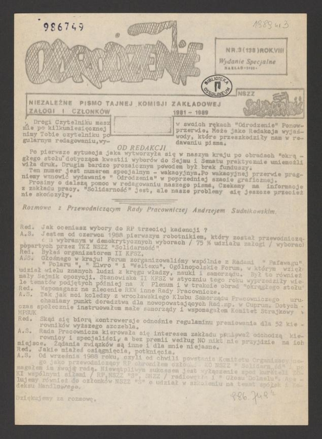 Odrodzenie&nbsp;: niezależne pismo Tajnej Komisji Zakładowej NSZZ Solidarność załogi i członk&oacute;w 1981-1989. Rok&nbsp;8, 1989, numer&nbsp;3&nbsp;(138,&nbsp;wydanie specjalne)