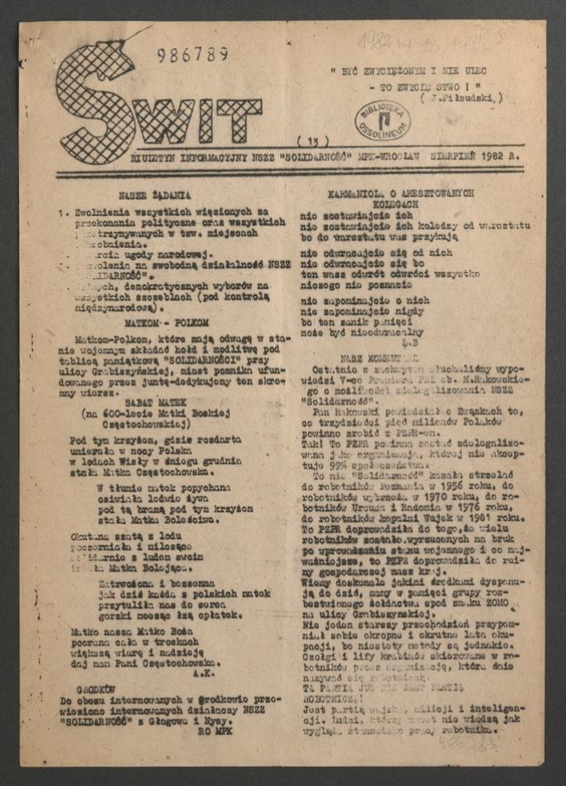 Świt&nbsp;: biuletyn informacyjny NSZZ &bdquo;Solidarność&rdquo; MPK Wrocław. 1982, numer&nbsp;13