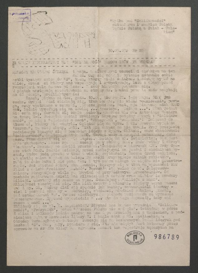 Świt&nbsp;: biuletyn informacyjny NSZZ &bdquo;Solidarność&rdquo; pracownik&oacute;w MPK Wrocław. 1983, numer&nbsp;28
