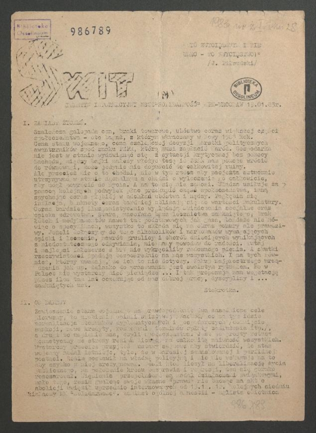 Świt&nbsp;: biuletyn informacyjny NSZZ &bdquo;Solidarność&rdquo; MPK Wrocław. 1983, numer&nbsp;1