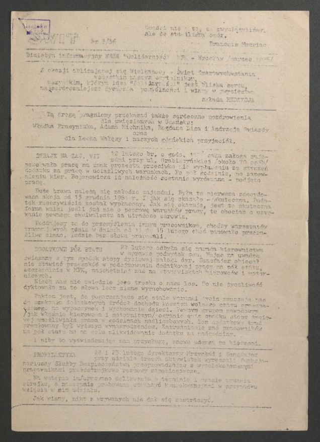 Świt&nbsp;: biuletyn informacyjny NSZZ &bdquo;Solidarność&rdquo; MPK Wrocław. 1985, numer&nbsp;3&nbsp;(36)