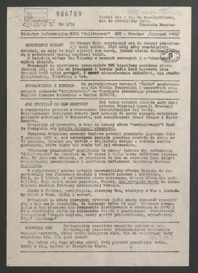 Świt&nbsp;: biuletyn informacyjny NSZZ &bdquo;Solidarność&rdquo; MPK Wrocław. 1985, numer&nbsp;1&nbsp;(34)