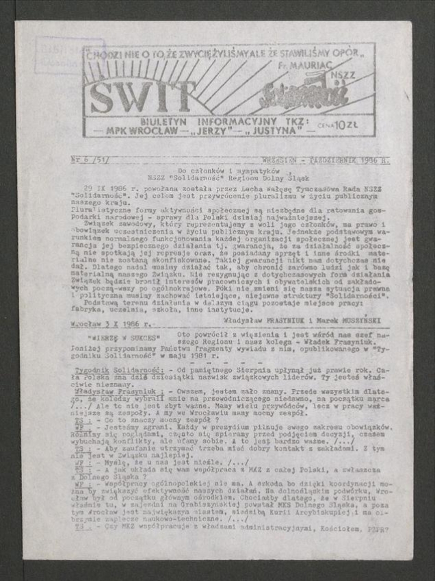 Świt&nbsp;NSZZ &bdquo;Solidarność&rdquo;: biuletyn informacyjny TKZ, MPK Wrocław, &bdquo;Jerzy&rdquo;, &bdquo;Justyna&rdquo;. 1986, numer&nbsp;6&nbsp;(51)