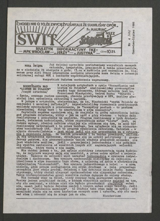 Świt&nbsp;NSZZ &bdquo;Solidarność&rdquo;: biuletyn informacyjny TKZ, MPK Wrocław, &bdquo;Jerzy&rdquo;, &bdquo;Justyna&rdquo;. 1986, numer&nbsp;4&nbsp;(49)