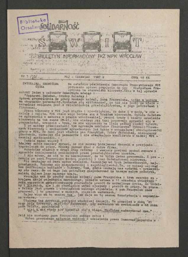 Świt: biuletyn informacyjny TKZ MPK Wrocław. 1987, numer&nbsp;3&nbsp;(55)