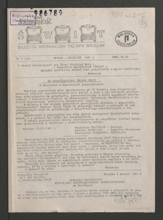 Świt: biuletyn informacyjny TKZ MPK Wrocław. 1987, numer&nbsp;2&nbsp;(54)